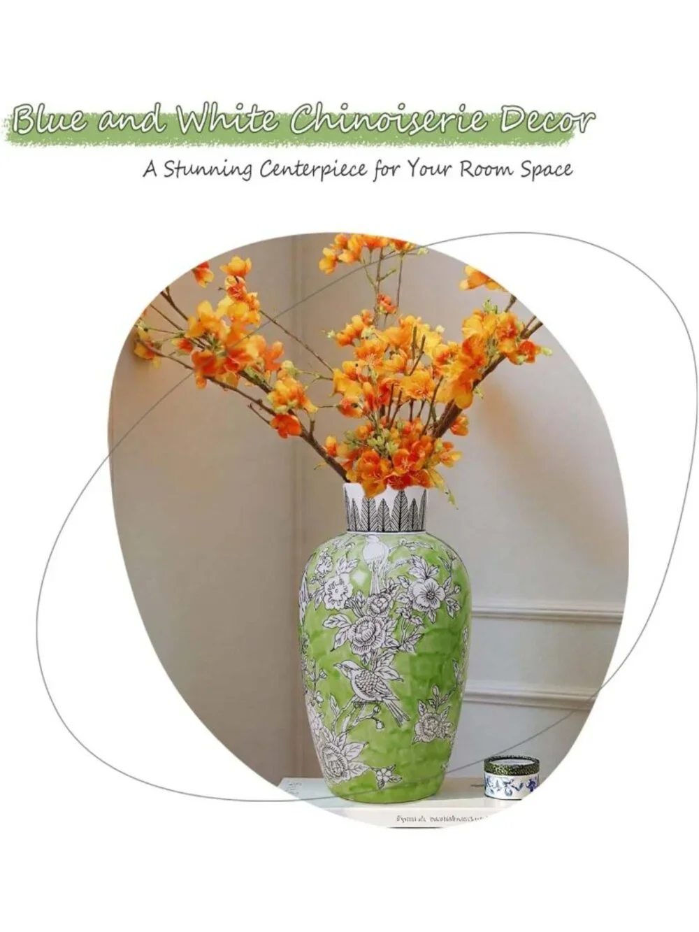 Hand-Painted Green Ceramic Floral-Bird Vase - 13” Decorative Home Accent